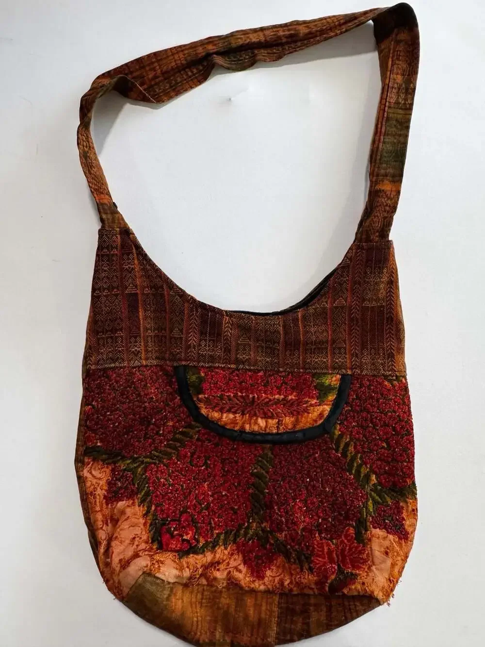 Artisan Handmade Boho Embroidered Hobo Shoulder Bag with Tribal Woven Details